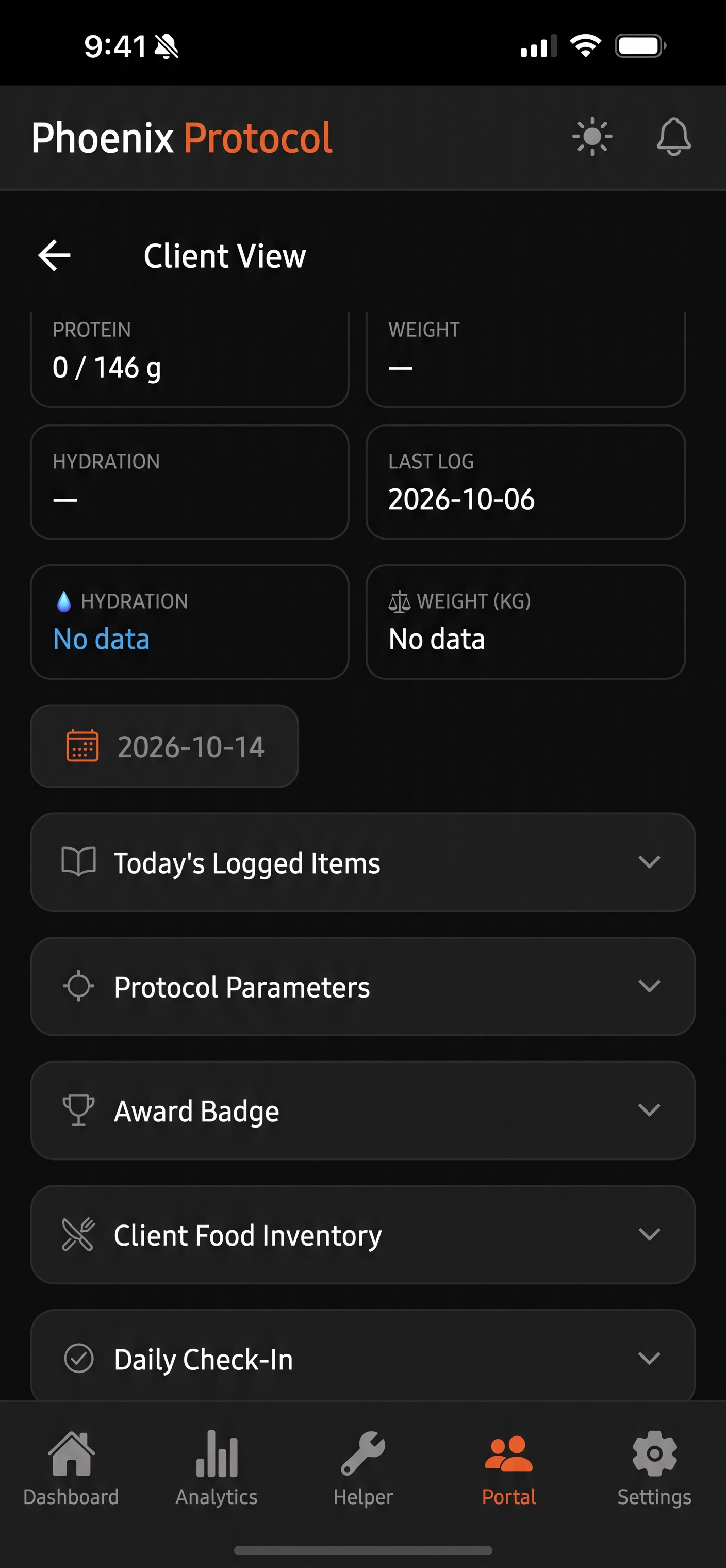 Phoenix Protocol mobile app screen showing a client’s coaching and nutrition information